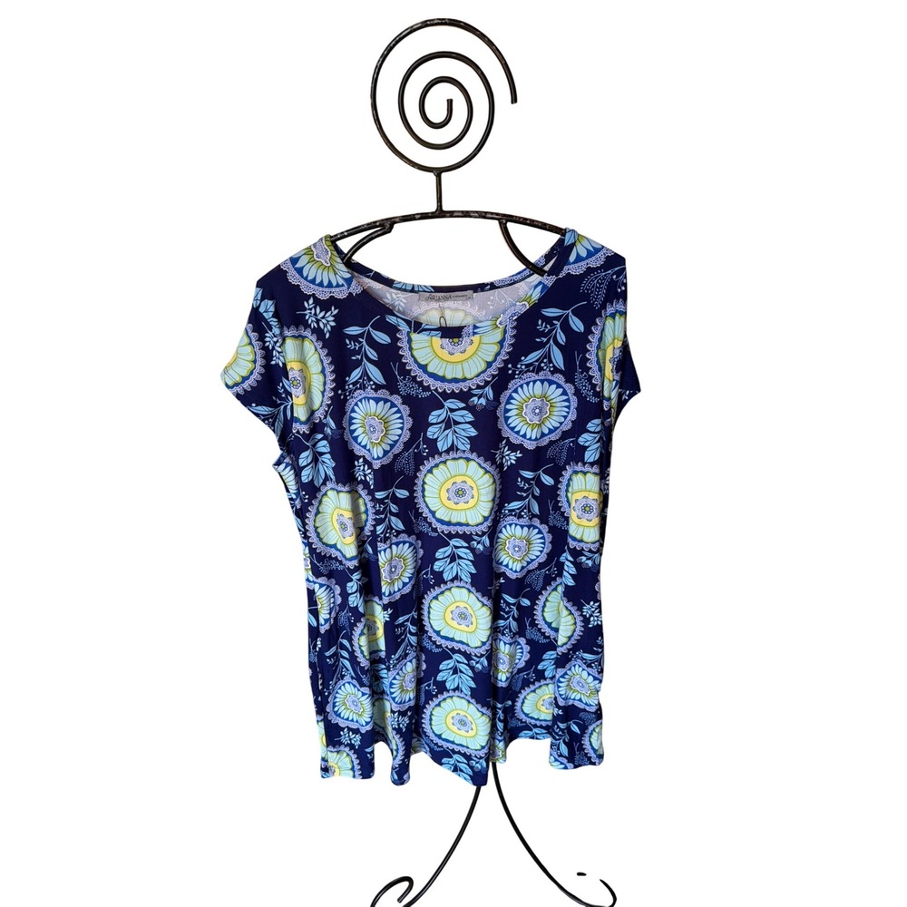 Arianna by Howard's Women's Floral Medallion Cap Sleeve Tunic Top Navy L/XL NEW